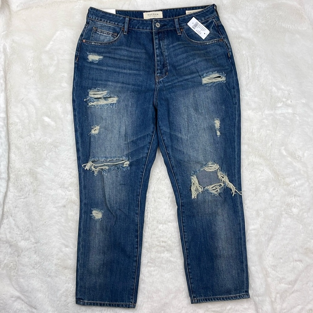 Pac Sun Mom Jeans Distressed Button Fly Ripped 4 Pockets Medium Wash NEW! Junior